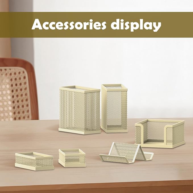 Pen Holder for Desk, 6-Piece Mesh Desk Organizer with Phone Holder, Gold | 6-Piece Black Mesh Desk Set Includes Pen Cups, a Sticky Note Caddy and Phone Holder for Office, School, Home - Image 2