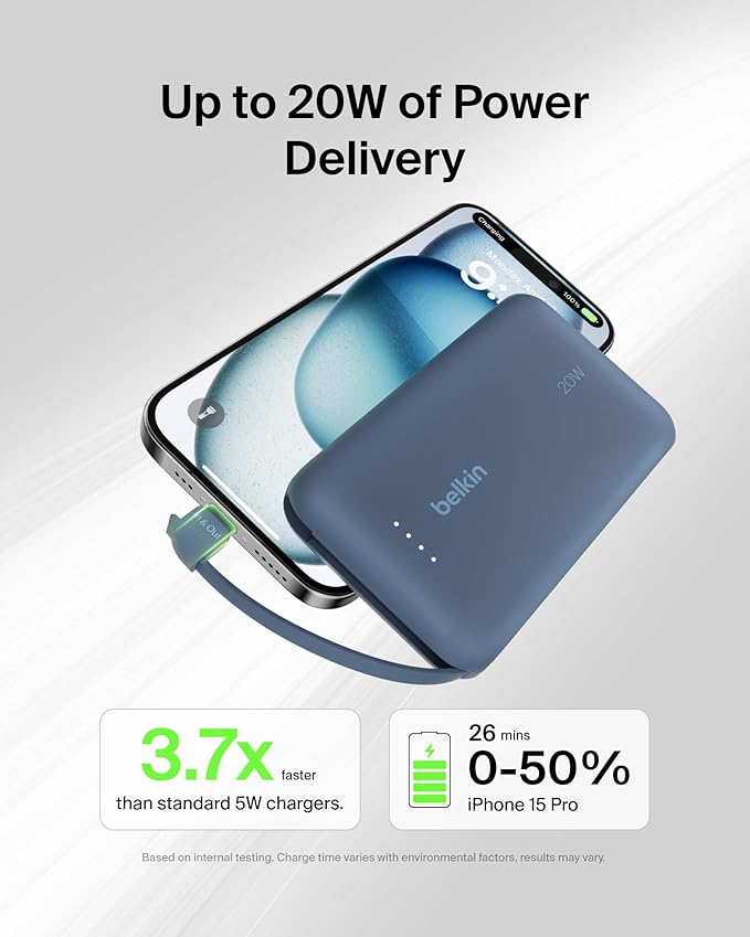 Belkin 10000mAh 20W USB C Power Bank, Portable Charger for iPhone & iPad | Fast Charging, Integrated USB C Cable, Eatra USB C Port, iPhone 17, iPad, Samsung Galaxy S26, Charge 2 Devices - Image 5