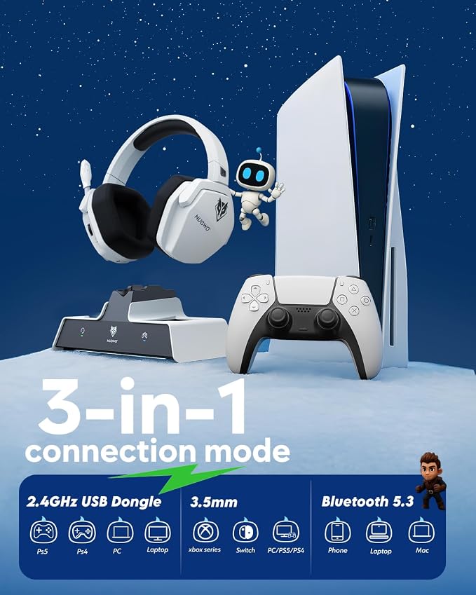 NUBWO G06 Pro Wireless Gaming Headset with Charging Station for Headset & PS5 Controller, 17ms Low Latency, 120H Battery Life, Dynamic 50mm Drivers-White (Only Compatible with PS5) - Image 7