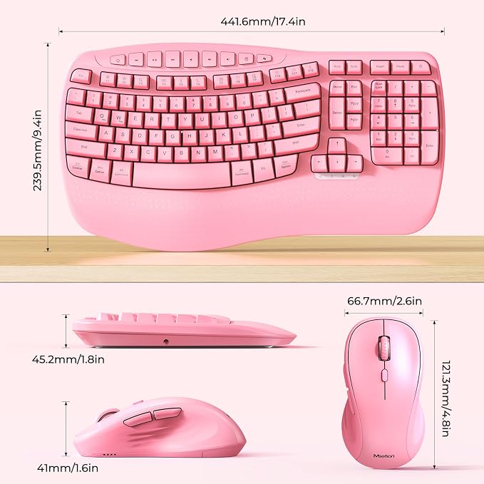 MEETION Ergonomic Wireless Keyboard and Mouse Combo with Wave Keys, Pink | Natural wave keys, hard wrist rest, 2.4G USB receiver, full-size layout, 4 DPI optical mouse, for Windows, Mac, desktop PC - Image 8