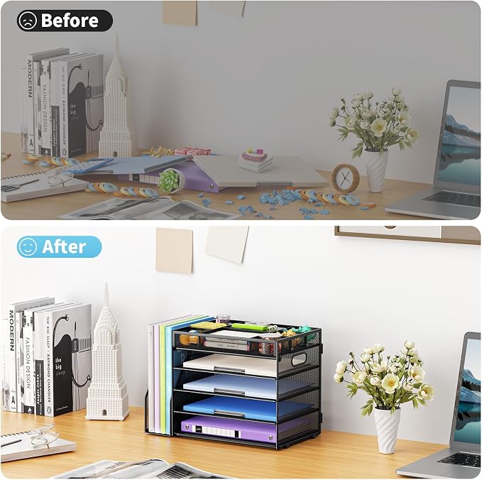 Marbrasse 5-Tier Desk Organizer with File Holder,Paper Letter Tray, Black | Desktop File Organizer with Adjustable Compartments,Mesh Desk Organizers and Accessories for Office Supplies - Image 5