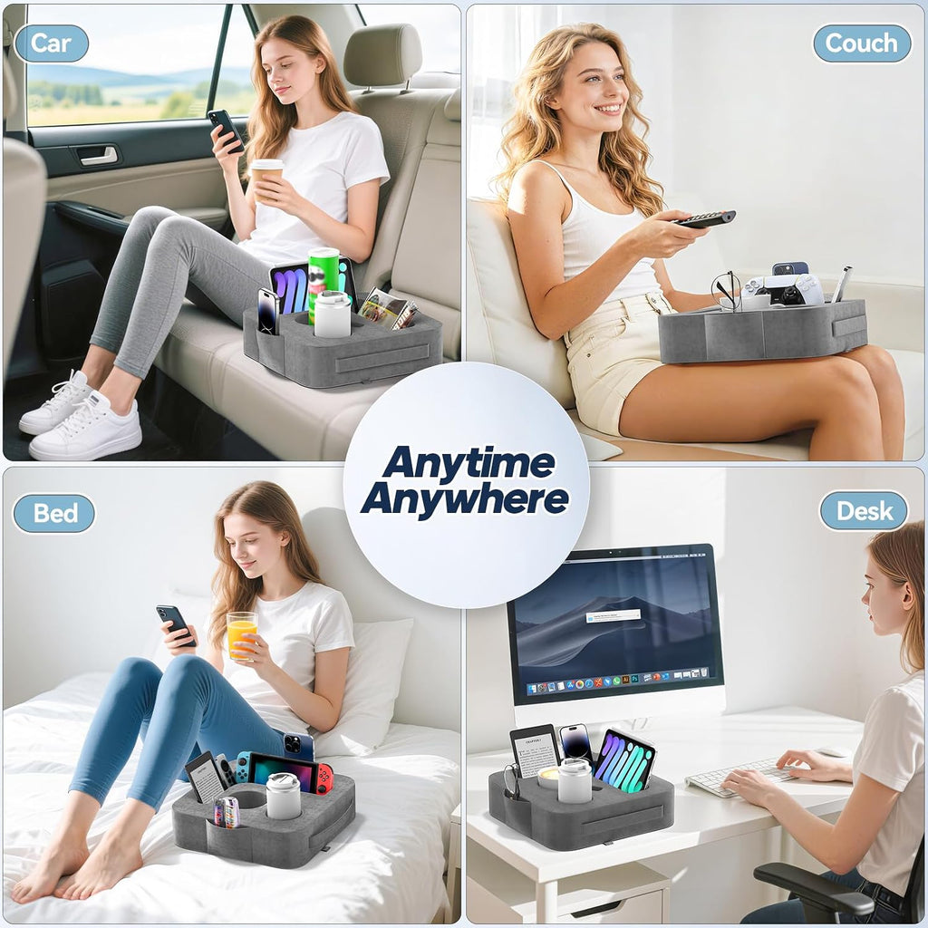 Couch Cup Holder Pillow, Sofa and Bed Caddy for iPad, Kindle, Switch, Game Controller, Remotes, Phones, Small-Sized Cup & Drink Holder for Couch, Bed, Desk, Car, Beach, Bathroom Cup Holder, Deep Gray - Image 7