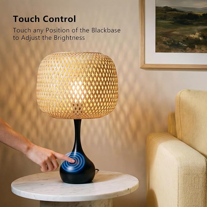 ONEWISH Touch Bedside Lamp for Bedroom, 3-Way Dimmable Table Lamps for Nightstand, Handwoven Bamboo Shade Desk Lamp for Living Room, Home Office - Image 3
