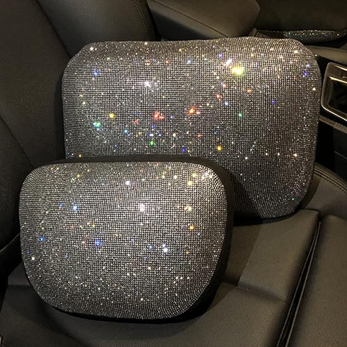 Carwales Lumbar Support Pillow Summer Decorative for Car Soft Bling Accessories Sparkly Diamond Rhinestone for Women Girls, Universal Office Chair Lower Back Cushion Rubber Black - Image 9
