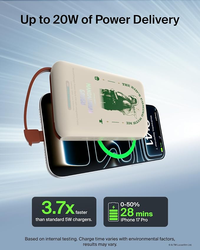Belkin Disney Mandalorian and Grogu 10000mAh 20W USB C Power Bank Charger | Fast Charging, Integrated USB C Cable, Extra USB C Port, iPhone 17, iPad, Samsung Galaxy S26, Charge 2 Devices - Image 2