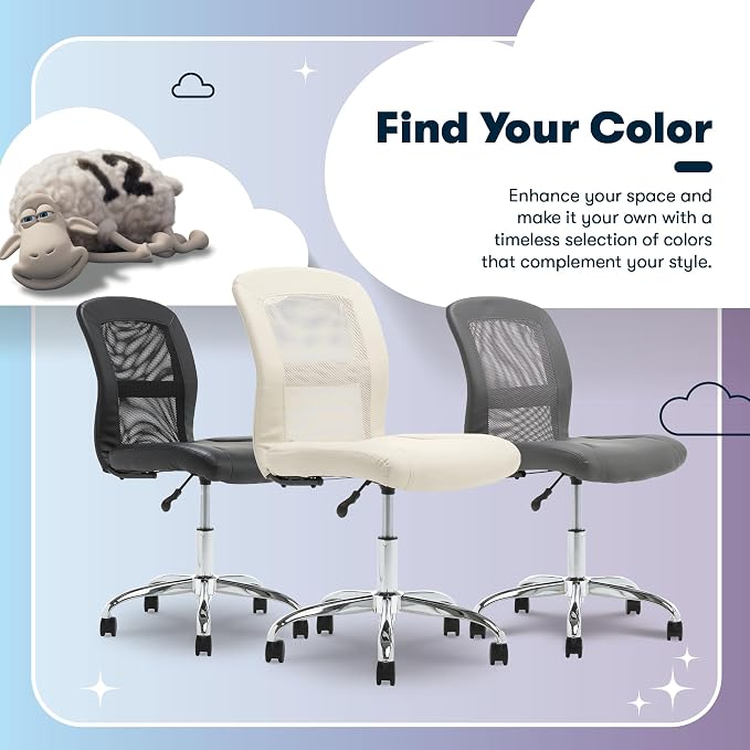 Serta Armless Small Home Desk Chair with Wheel, Ergonomic Mesh Office Chair | Essentials, Leather & Foam Cushioned Seat, Adjustable Height, Bedroom & Small Space Vanity Chair, 360° Swivel, Cream White - Image 11