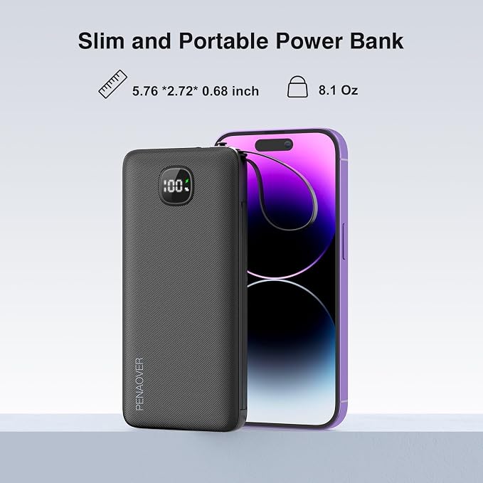 Portable Charger 10000mAh 22.5W Power Bank,Built-in 3 Cables & AC Wall Plug | Fast Charging, 0.68in Ultra Slim,Charge 5 Devices,TSA Approved Travel Essential Battery Pack for iPhone/Samsung/Android - Image 7