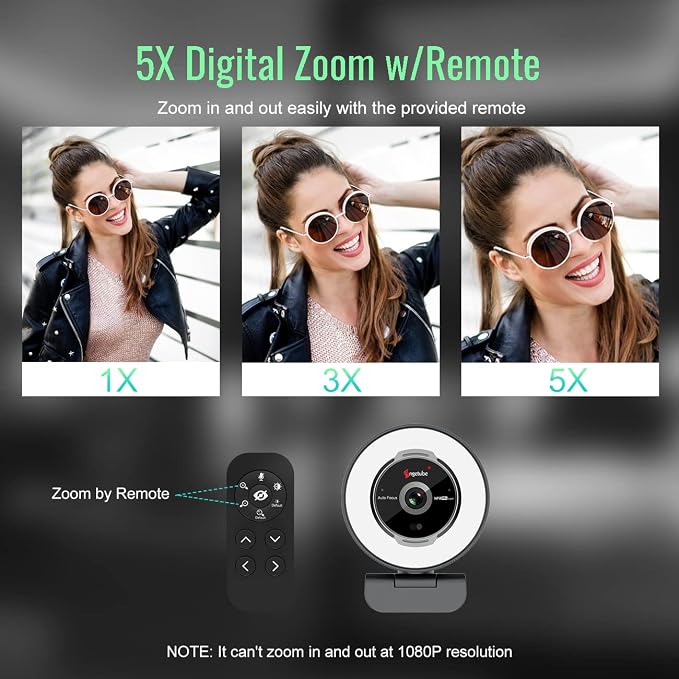 Angetube Streaming Webcam with Microphone, USB 1080P Web Cam w/Ring Light | Remote Control, 1080P@60FPS, 5X Digital Zoom, Built in Privacy Cover, HD Computer Web Camera for Desktop, PC, Laptop, Mac - Image 5