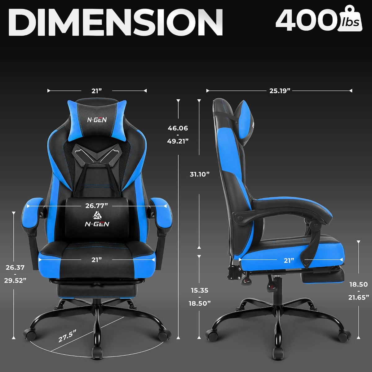 N-GEN GAMING Big & Tall Gaming Chair with Footrest, Lumbar Support, Blue - Image 3