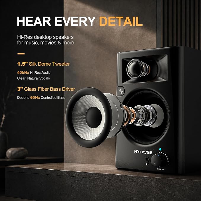 Nylavee Desktop Speakers, Hi-Res Computer Speakers for Desktop PC with LDAC | Bluetooth 6.0/USB/AUX/RCA, Bookshelf PC Speakers with Bass & Treble Control, Headphone Jack - Image 4