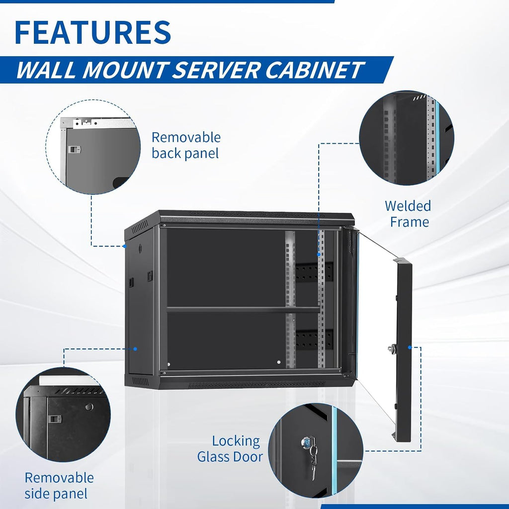 12U Server Rack Cabinet, Wall Mount Network Rack Enclosure Includes Locking Glass Door, Removable Side and Back Panels, 15" Deep Network Data Cabinet for Computer IT and A/V Equipment - Image 4