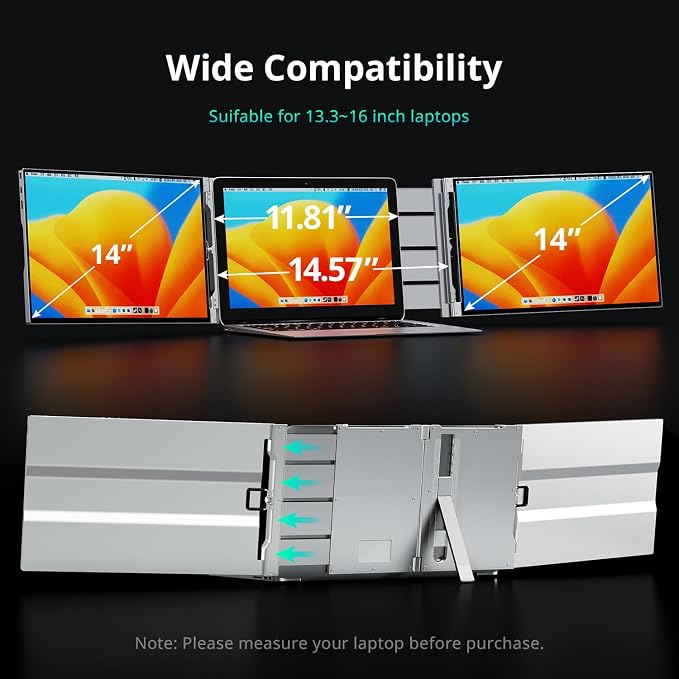 AYY Laptop Screen Extender, 14" FHD 1200P Portable Triple Monitor for 13"-17" Laptops, Aluminum Alloy Stand, Compatible with MacOS/Windows/Chrome - Image 8