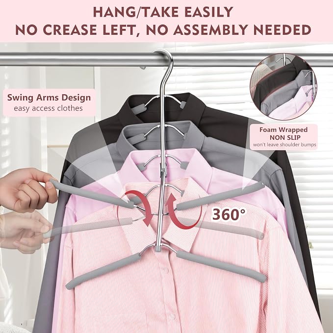 Space Saving Clothes Hangers,6 Tier Non Slip Shirt Hangers Closet Organizer | Space Saving Coat Hanger with Foam Padding,Closet Organizers and Storage for Shirts, Sweaters, Jackets, 2 Pack, Gray - Image 2