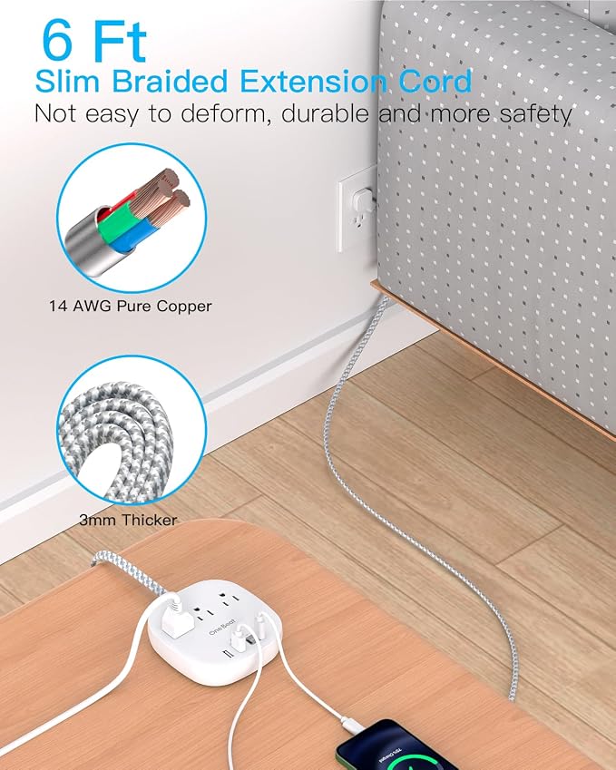 22.5W/4.5A Surge Protector Power Strip for Travel, Flat Plug Extension Cord | 3 Outlets with 4 USB Ports (2 USB C), 6Ft Power Strip Desktop USB Charging Station for Home Office, College Dorm Essentials - Image 6