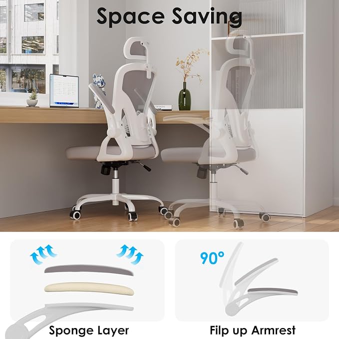 Farini Ergonomic Office Chairs with Headrest, Set of 4, White & Grey | High Back Swivel Computer Chair, Adjustable Armrests and Lumbar Support,Desk Chair for Home Office Bedroom - Image 7