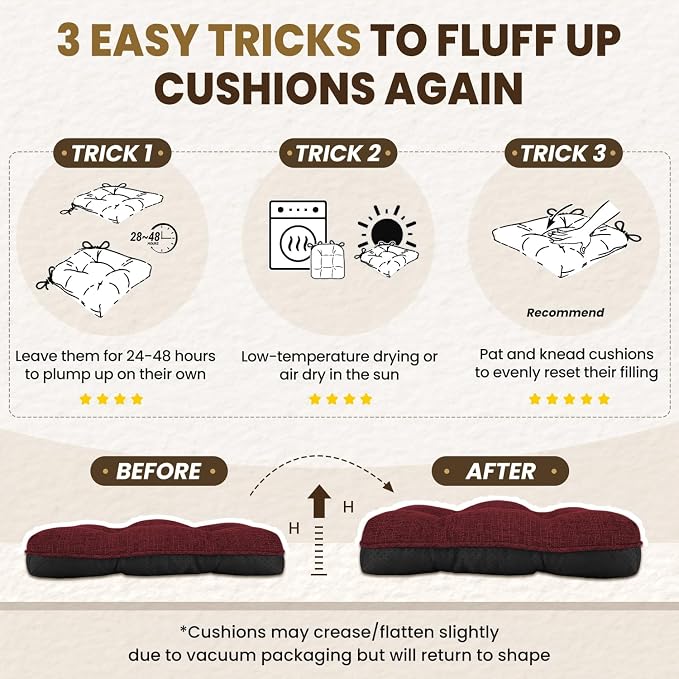 downluxe Indoor Chair Cushions for Dining Chairs, Tufted Overstuffed Textured Kitchen Chair Pads with Ties and Non-Slip Backing, 15.5" x 15.5" x 4", Burgundy, 4 Pack - Image 7