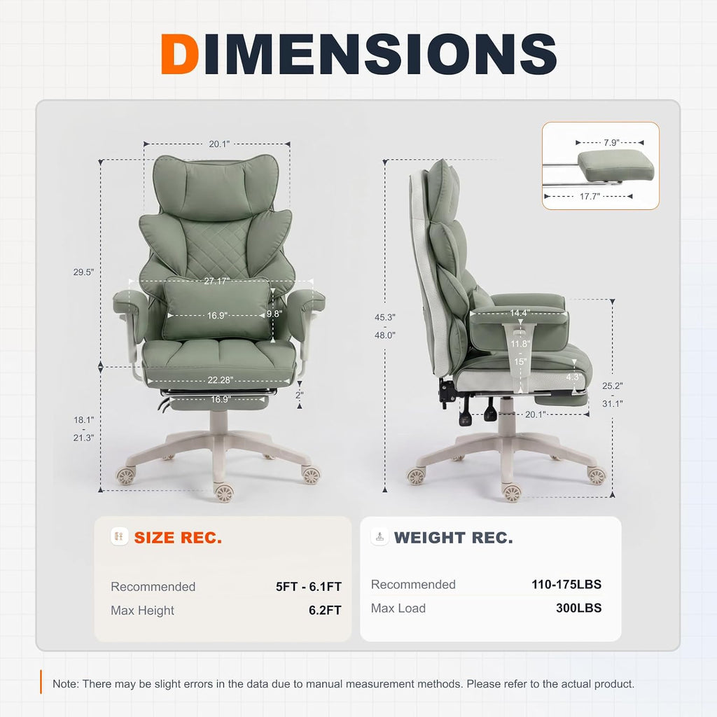 Dowinx Big and Tall Office Chair with Pocket Spring Cushion,High Back Computer Gaming Chairs with Adjustable Armrests,Executive Desk Chairs with Lumbar Support and Footrest,PU-Green - Image 3
