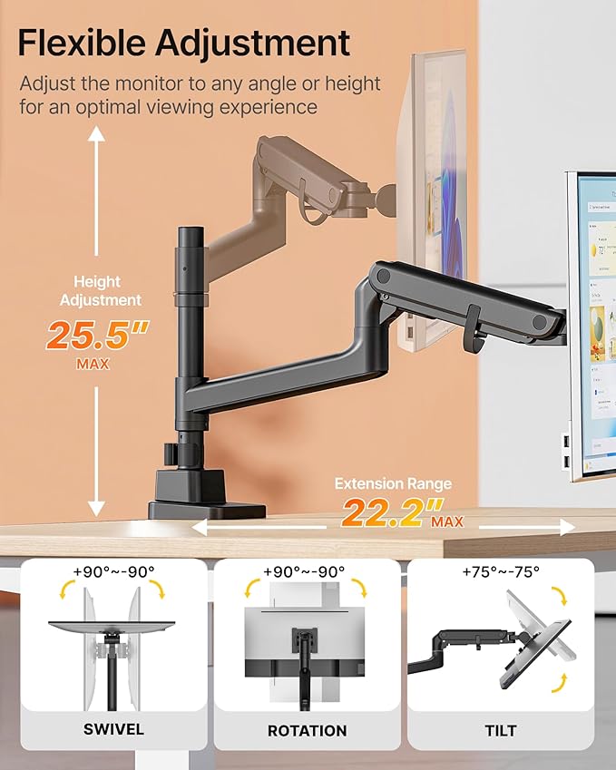 monTEK Ultrawide Monitor Arm Max 57",Height Adjustable 8.1"-25.5",Black | Fits 17–57" Curved Monitors, Up to 59.4 lbs,Heavy Duty 75/100 VESA Monitor Stand,No Sag,Gaming & Office Workstation - Image 5
