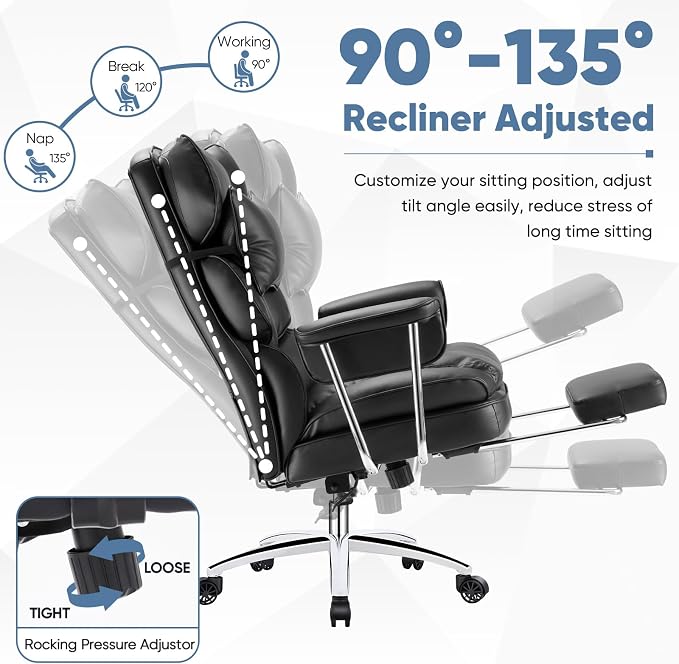 DUMOS Ergonomic Home Office Desk Chair, Executive Chair, PU Leather | Big Tall High Back, Lumbar Support, Reclining Height Adjustable, Computer Gaming, Footrest Swivel Wheels, Black - Image 5