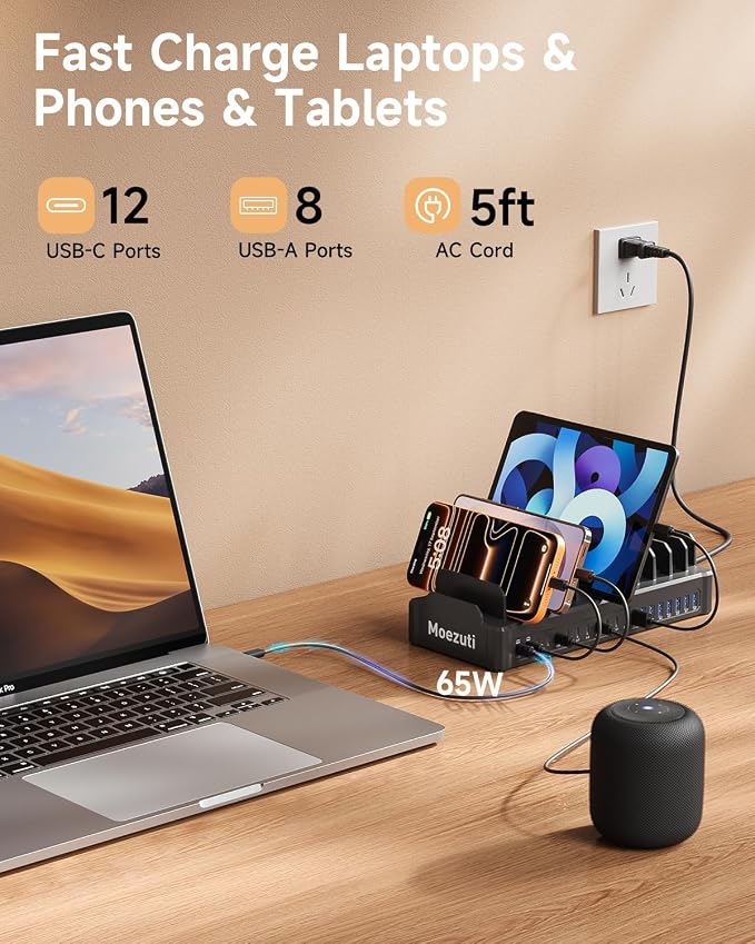 20-Port 600W Charging Station for Multiple Devices with 10 Cables | GaN5 Dual 65W Multi-device Charging Dock , Fast Charger Station for Laptop Macbooks iPhone Samsung Galaxy Android Tablet - Image 2
