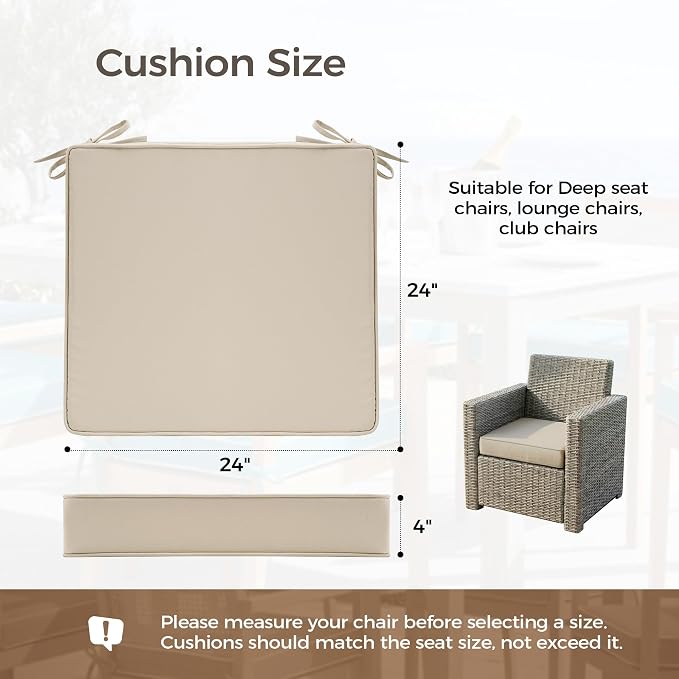 UNIKOME Outdoor Chair Cushions Set of 4, Water Resistant Patio Seat Cushions with Ties for Outdoor Furniture, High-Density Foam, UV & Fade Resistant, Piped Edge – 24" x 24" x 4", Beige - Image 2