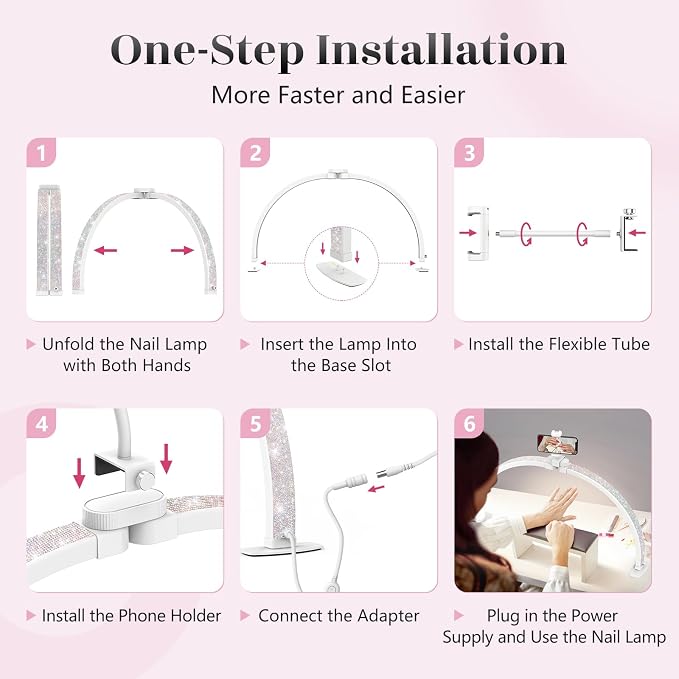 Yokilly Half Moon Light for Nail Desk: 23" Foldable Nail Light for Desk | AB Diamonds Arch Nail Tech Light with Phone Holder for Beginner - 3 Color Modes & 10 Brightness for Manicure Salon-White - Image 5