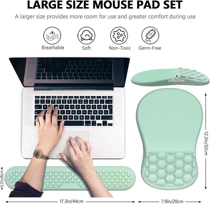 Ergonomic Mouse Pad Wrist Rest, 2 in 1 Keyboard Pad for Office | Memory Foam, 15° Ergonomic Slope, Massage Bead Design, Non-Slip PU Base, Lycra Fabric, for Office & Gaming, Gradient Green - Image 5