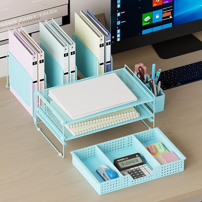 LEKETREE Teal Desk Organizer, Office Organization with Vertical File Holder, File Organizer with Drawer and Pen Holder, Desk Accessories and Workspace Organizers for Home Office (Sky Blue) - Image 3