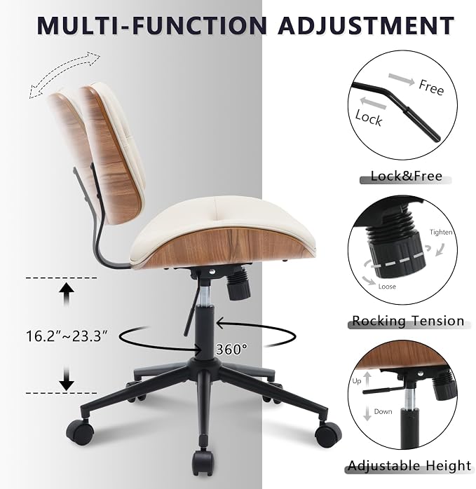 Armless Home Office Chair in Button Style, PU Leather Small, Beige | PU Leather Adjustable Height Computer Desk Chair, 360 Swivel Small No Arms Office Seat, Walnut Design Stool, 300LBS Cap - Image 6