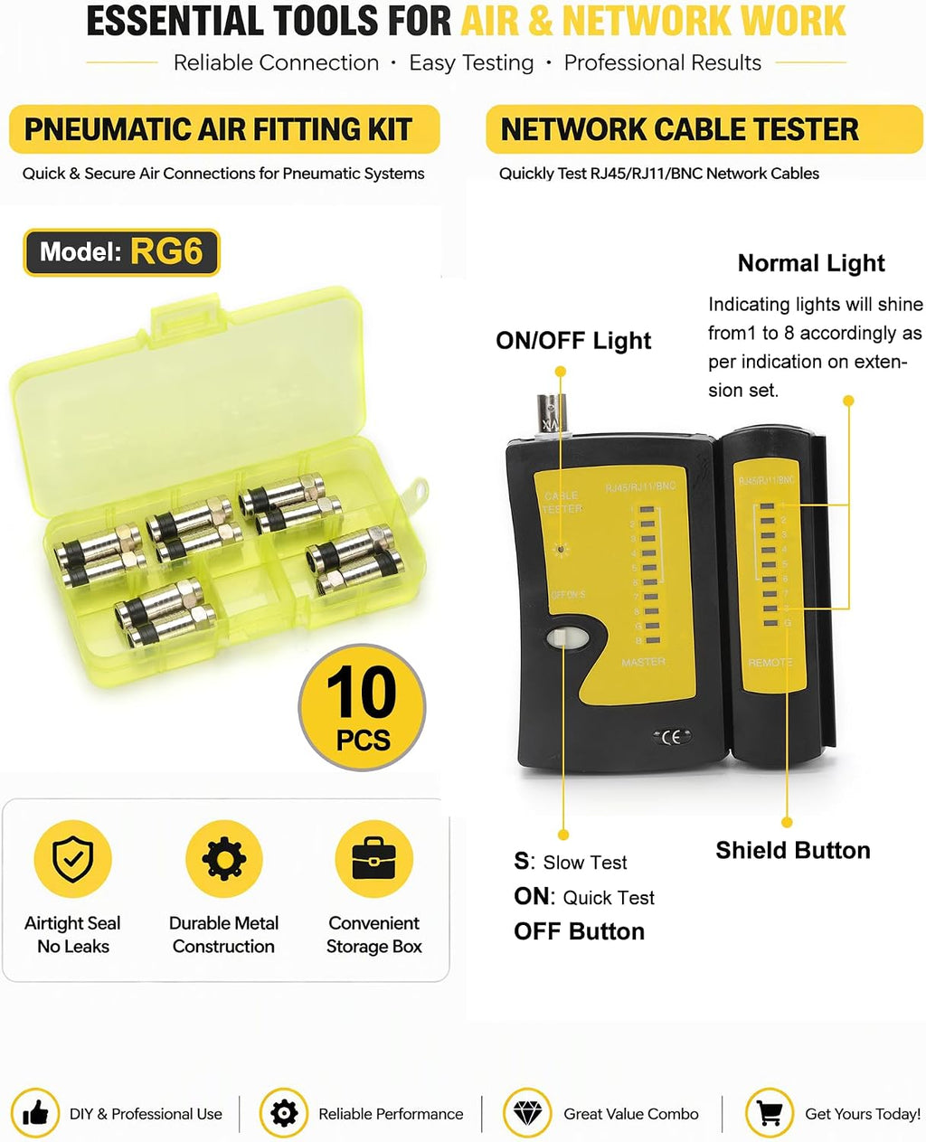 F Compression Tool Coax Cable Crimper Kit, Adjustable RG6 RG59 RG11 75-5 75-7 Coaxial Cable Stripper with F Compression Connectors Pack of 10 - Image 3