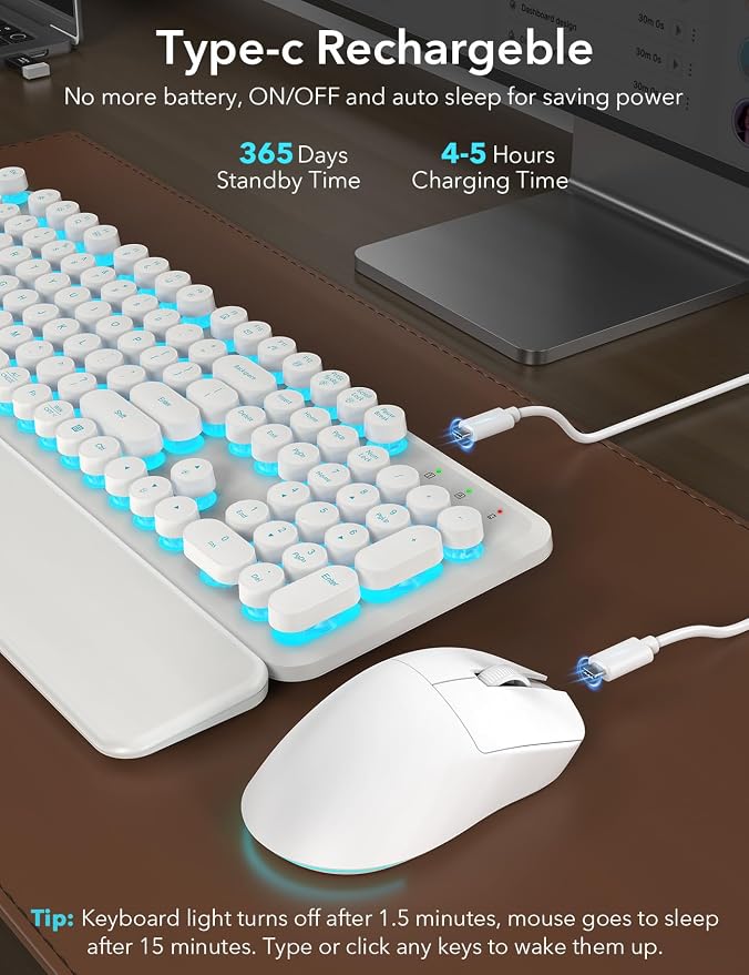 Wireless Keyboard and Mouse Backlit - Typewriter, Magnetic Wrist Rest | Retro Round Keys, Light Up Letters, 2.4GHz Cordless Combo for Mac, Windows, PC, Laptop, Trueque CK23Pro [Upgraded] - Image 4