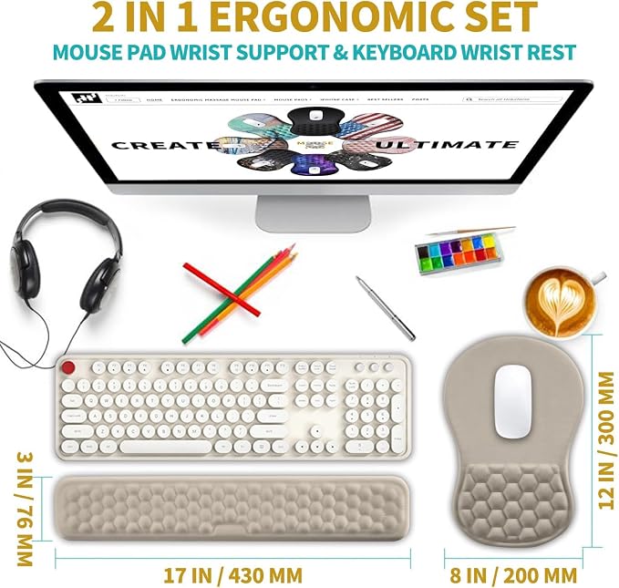 Hokafenle 2 in 1 Ergonomic Mouse Pad Wrist Support & Wrist Rest for Computer Keyboard Set, with Relieve Carpal Tunnel Pain Massage Bulge and Full Memory Gel Design (2In1 Set - Apricot) - Image 2