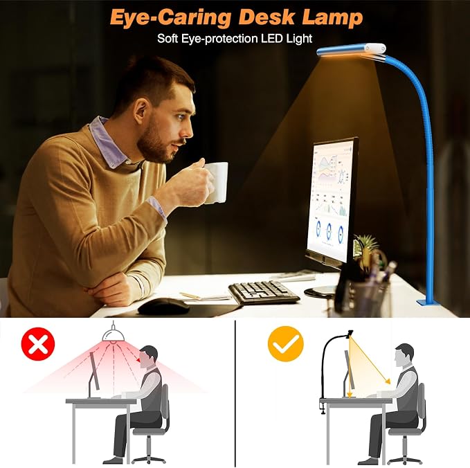 Airlonv LED Desk Lamp with Clamp, 17" Stepless Dimming Light, Blue | 2700K-6500K, 100 LEDs, 360° Gooseneck, Fits Up to 30" Monitors, Flicker-Free Lighting for Home Office, Study& Workbench - Image 6