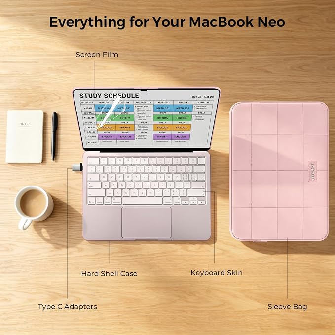 EooCoo for MacBook Neo Case 13 inch 2026 Model A3404, Crystal Blush | Crack & Scratch Resistant, Sturdy, Hard Shell Case & Sleeve Bag & Type C & Keyboard Skin & Screen Film, Mac Neo Accessories - Image 6