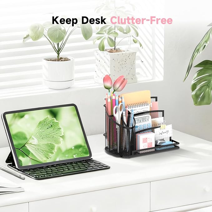 Desk Organizer with 3 Compartment Pen Holder, 3-Slot Mail Organizer and Flower Tube, Metal Mesh Bill Organizer for Pencil, Envelope, Letter and Office Supplies, Black - Image 5