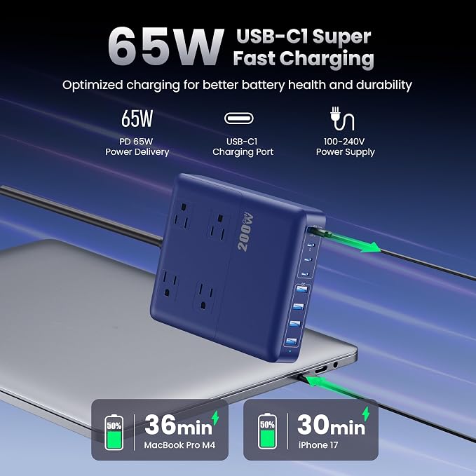200W Charging Station,12-in-1 USB C Power Strip with Flat Plug and 5ft Extension Cord,4 AC Outlets,4 USB-A,4 USB-C Ports for iPhone 17/16/15,65W PD Fast Laptop Charger for MacBook,Home,Office (Blue) - Image 5