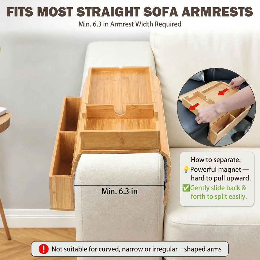Magnetic Bamboo Couch Arm Tray with Cup Holder, Fits 6.3"+ Sofa Arms - Image 5