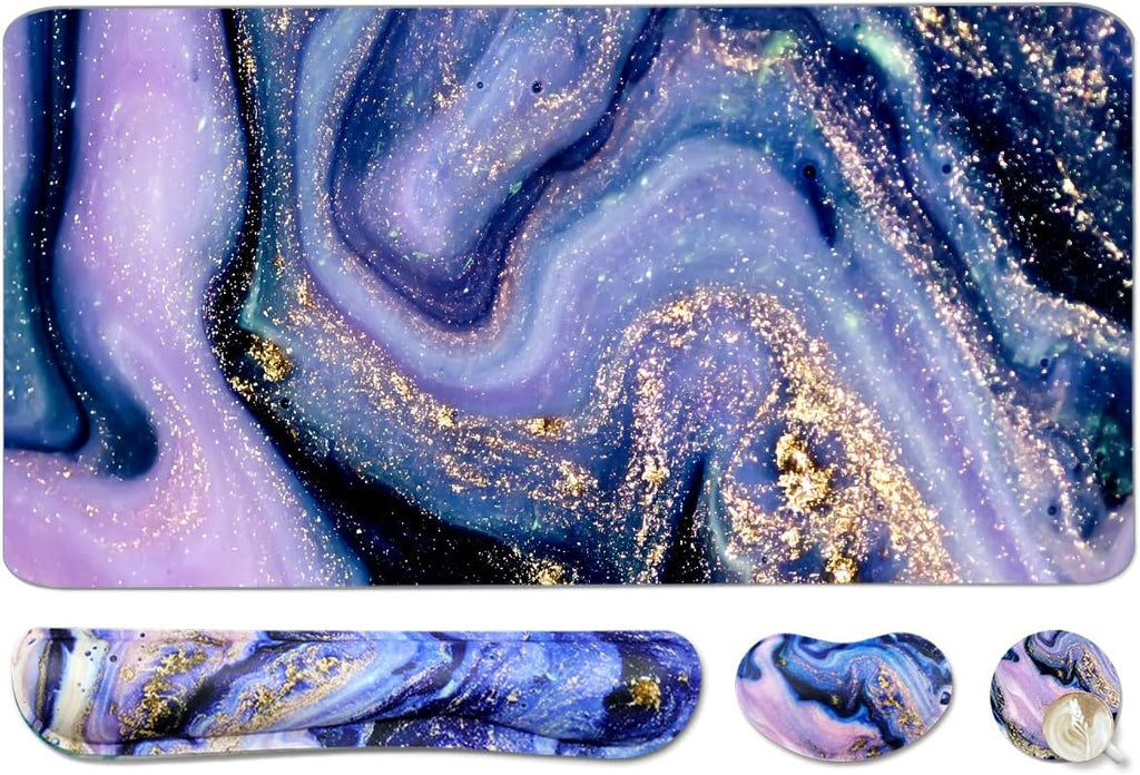 4-in-1 Large Gaming Mouse Pad, Keyboard Wrist Rest Pad & Wrist Support Mousepad Set, Extended Desk Pad Waterproof Desk Mat for Home Office Study Game - Purple Marble by WB WEIRDBEAST