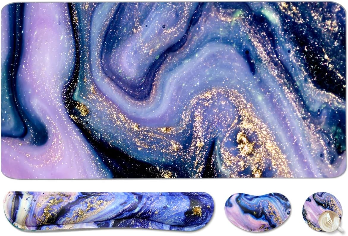 4-in-1 Large Gaming Mouse Pad, Keyboard Wrist Rest Pad & Wrist Support Mousepad Set, Extended Desk Pad Waterproof Desk Mat for Home Office Study Game - Purple Marble by WB WEIRDBEAST