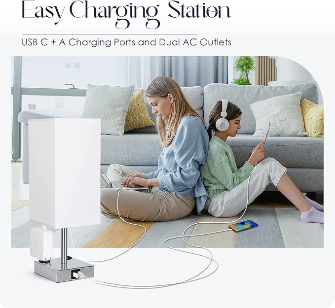 Bedside Lamp with USB Ports - Touch Control Table Lamp for Bedroom with USB C+A Charging Ports & AC Outlets, 3 Way Dimmable Nightstand Light for Living Room (LED Bulb Included, Chrome - White) - Image 6