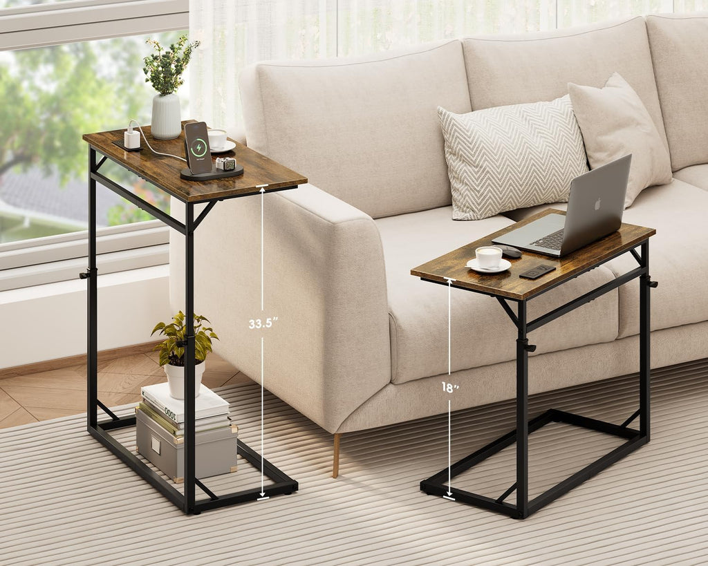 C Shaped End Table with Charging Station, Large C-Table End Table Adjustable Height Side Table for Couch, Couch Table Slide Under Sofa Table TV Tray Table for Sofa, Living Room, Bedroom,Brown - Image 4