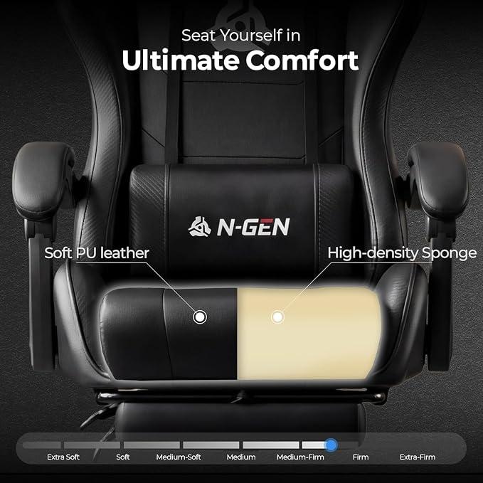 N-GEN GAMING Gaming Chair with Footrest, Lumbar Support, High-Back, Black | Reclining Backrest, Linkage Armrests, Durable PU Leather, Adjustable Comfort for Extended Computer, Desk, or Home Office Use - Image 5