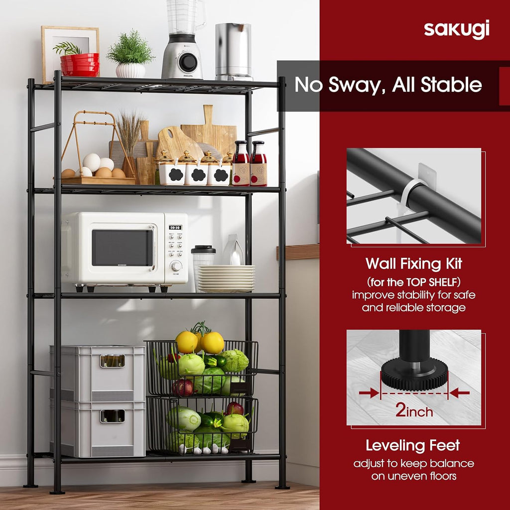 Storage Shelves - 4 Tier Shelf Organizer, Heavy Duty Garage Shelving Unit with Leveling Feet, Stable Metal Shelves Organizer for Pantry, Kitchen and Closet, 33.0" W x 12.6" D x 57.2" H, Black - Image 5