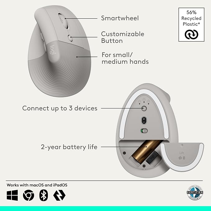Logitech Lift Vertical Ergonomic Wireless Mouse - Sand | Connect via Bluetooth or included Logi Bolt USB-A receiver, quiet clicks, 4 of 6 buttons customizable, Windows Mac compatible - Image 7