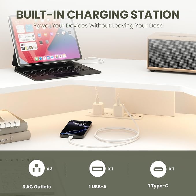 MALOL 59" L Shaped Electric Standing Desk with Drawers, Height Adjustable Desk with Power Outlets & LED Lights, Monitor Stand, Corner Computer Desk for Home Office, White - Image 4
