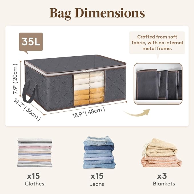 Lifewit 6 Pack Clothes Storage Bag, Foldable Storage Bin Closet Organizer with Reinforced Handle, Sturdy Fabric Blanket Storage with Clear Window, Storage Containers for Clothing, Bedding, Gray - Image 2