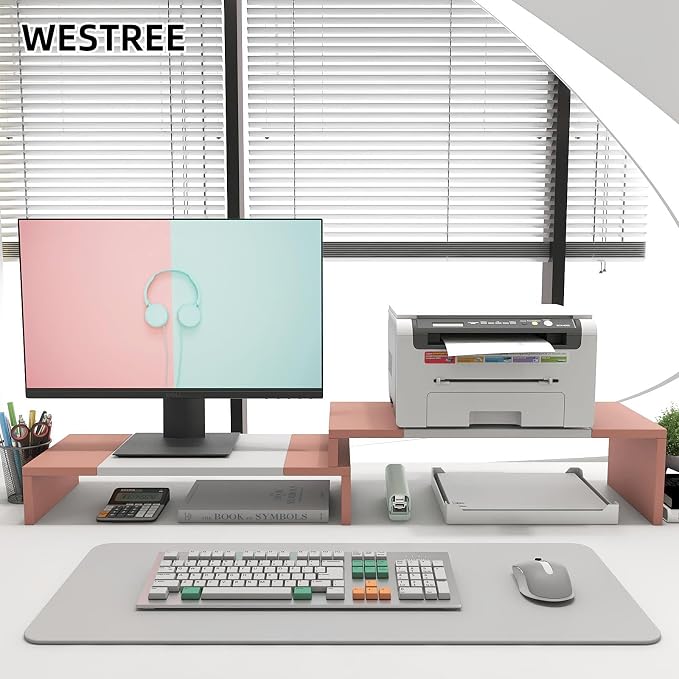 WESTREE Dual Monitor Stand - Monitor Stand Riser - 2 Shelf Computer Monitor Stand with Adjustable Length and Angle, Monitor Stands for 2 Monitors, Desktop Organizer Stand Office Furniture for PC, Computer, Laptop - Image 3