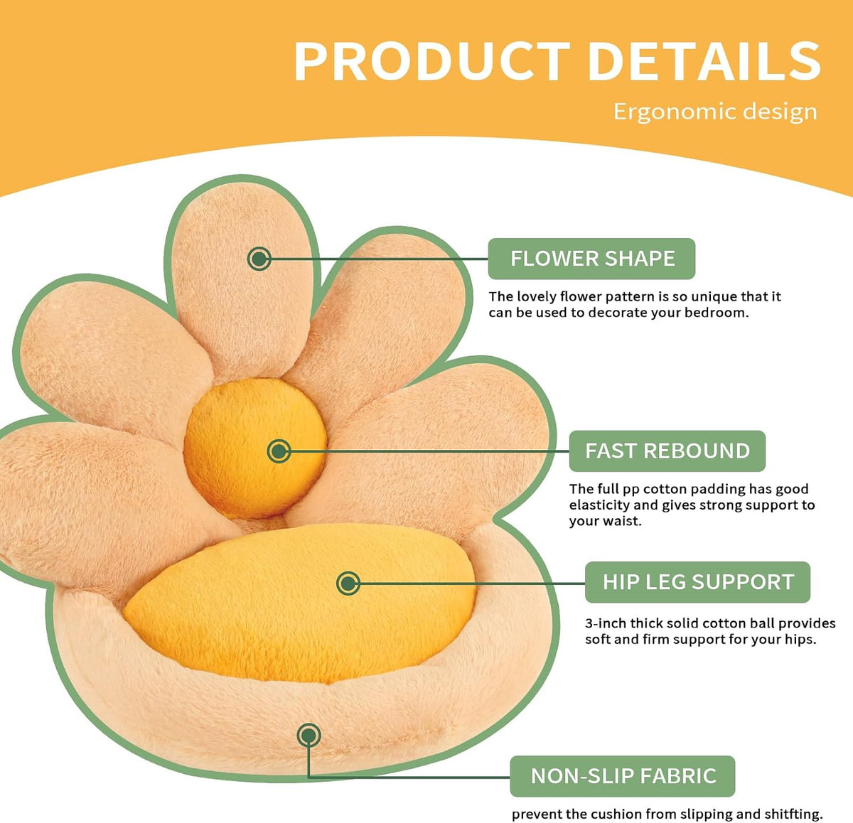 Ditucu Flower Shape Chair Pillow Cute Seat Cushion 19 inch Comfy Lazy Sofa Floor Pillows Dorm Seating for Bedroom Decor Orange - Image 7