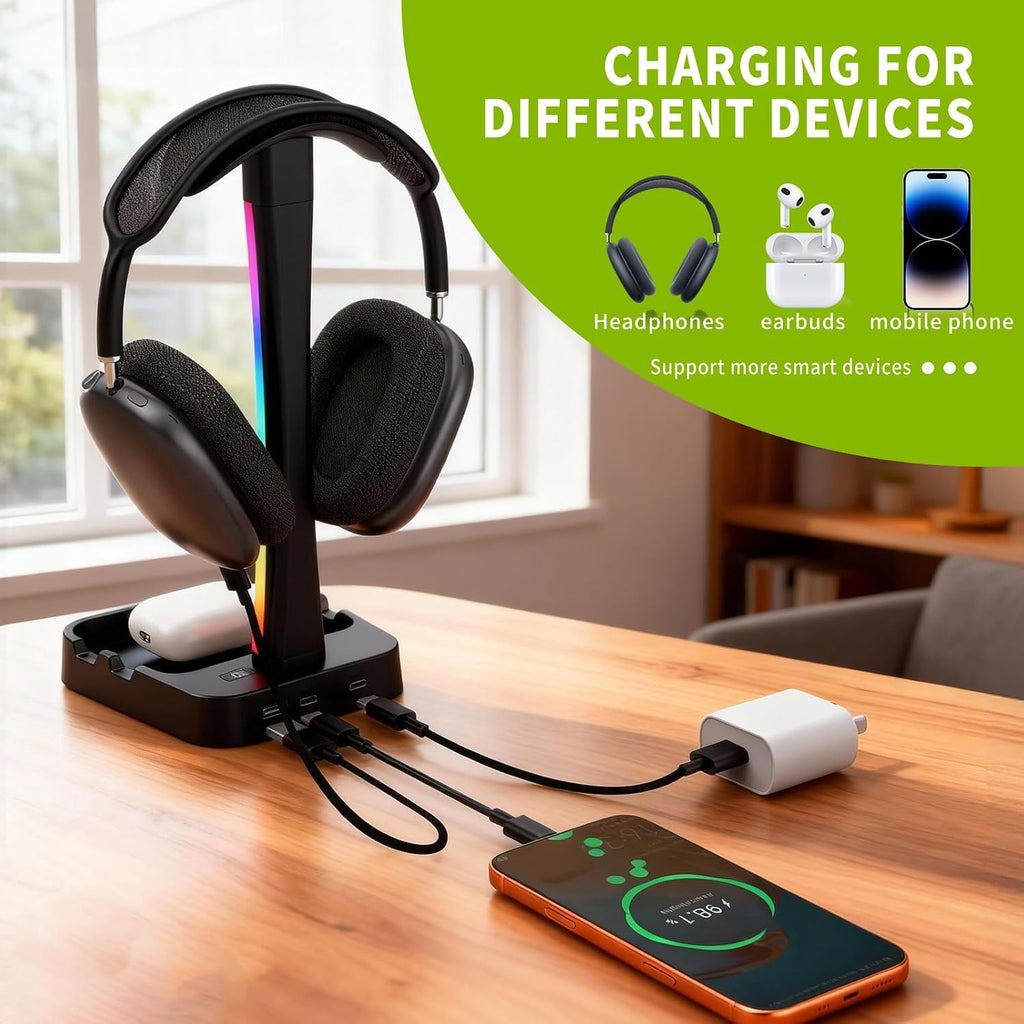 Headphone Stand with Charger,Gaming Headset stand with RGB Light Mode,For Airpod Max Stand,Desk Lamp,Phone Holder,Tablet Holder,desktop organizer,Gifts for Gamers & Music Lover(Black) - Image 3