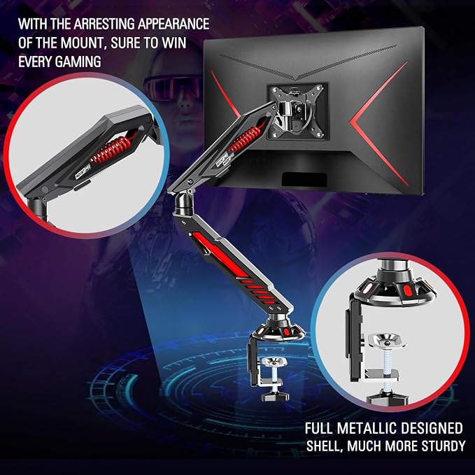 MOUNT PRO Single Gaming Monitor Stand - Mechanical Spring Display Mount, Adjustable Gaming Monitor Arm with C Clamp and Grommet Mounting Base - Fits for Computer Screen up to 32”, VESA 75x75, 100x100 - Image 2